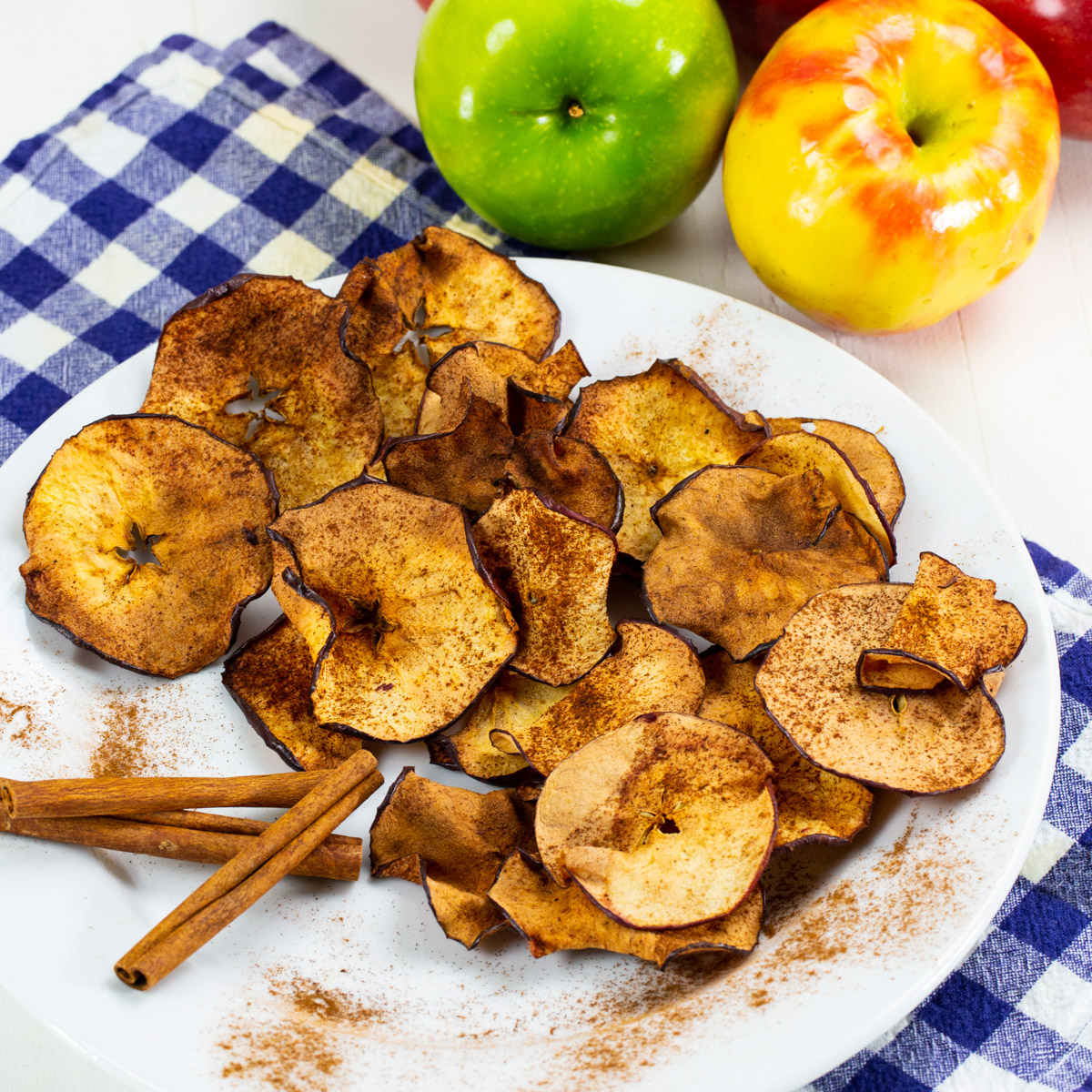 Air Fryer Cinnamon Apple Chips on a plate.