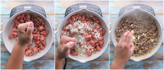 Browning the sausage and onion.