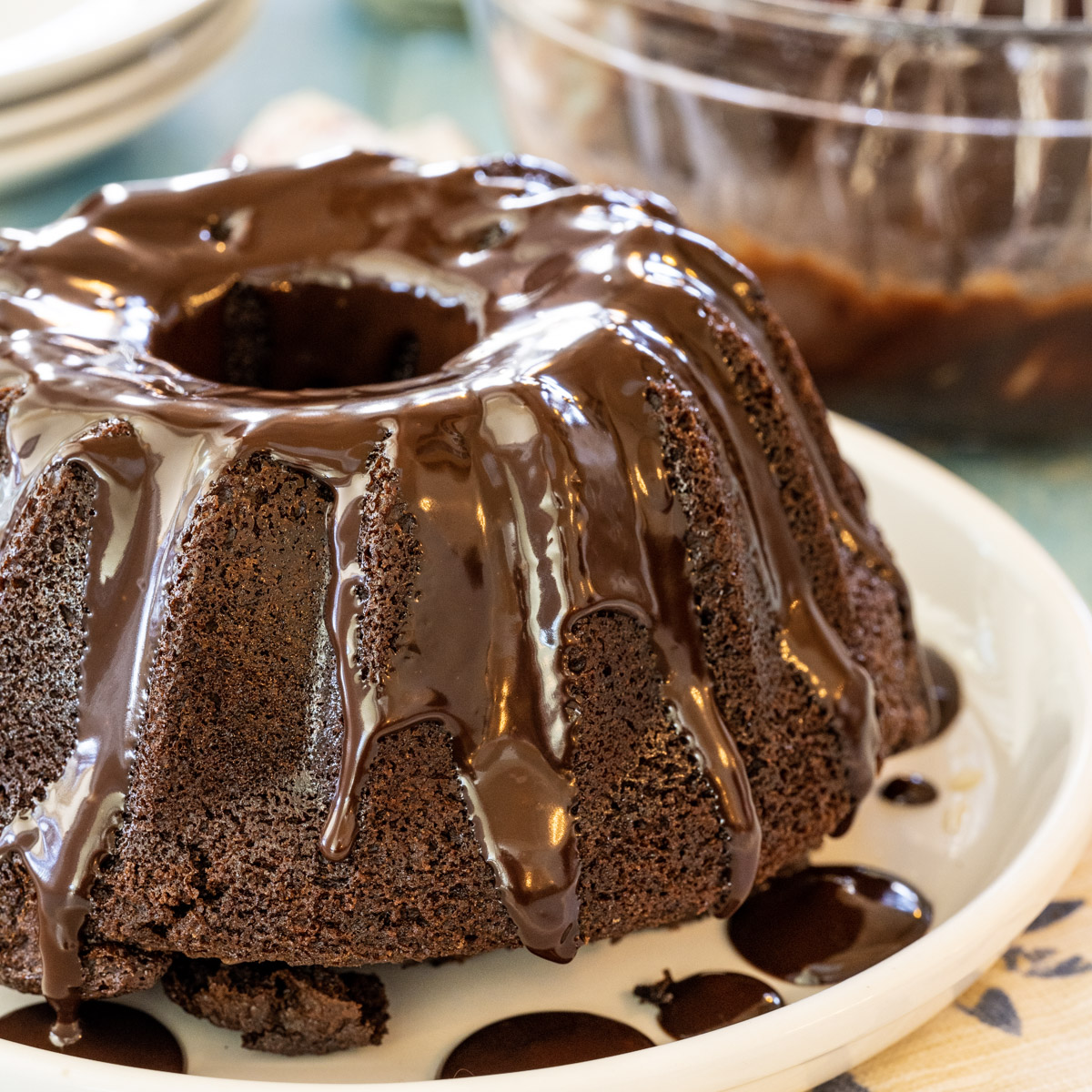 Air Fryer Chocolate Bundt Cake on a plate.