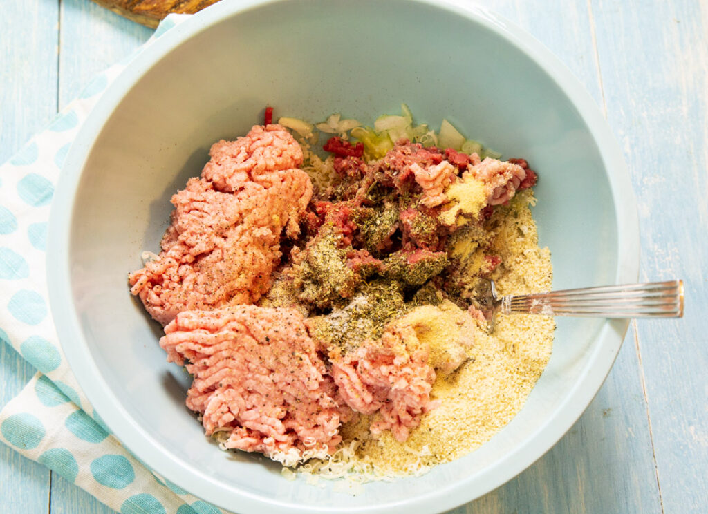 Meatball mixture in a bowl.