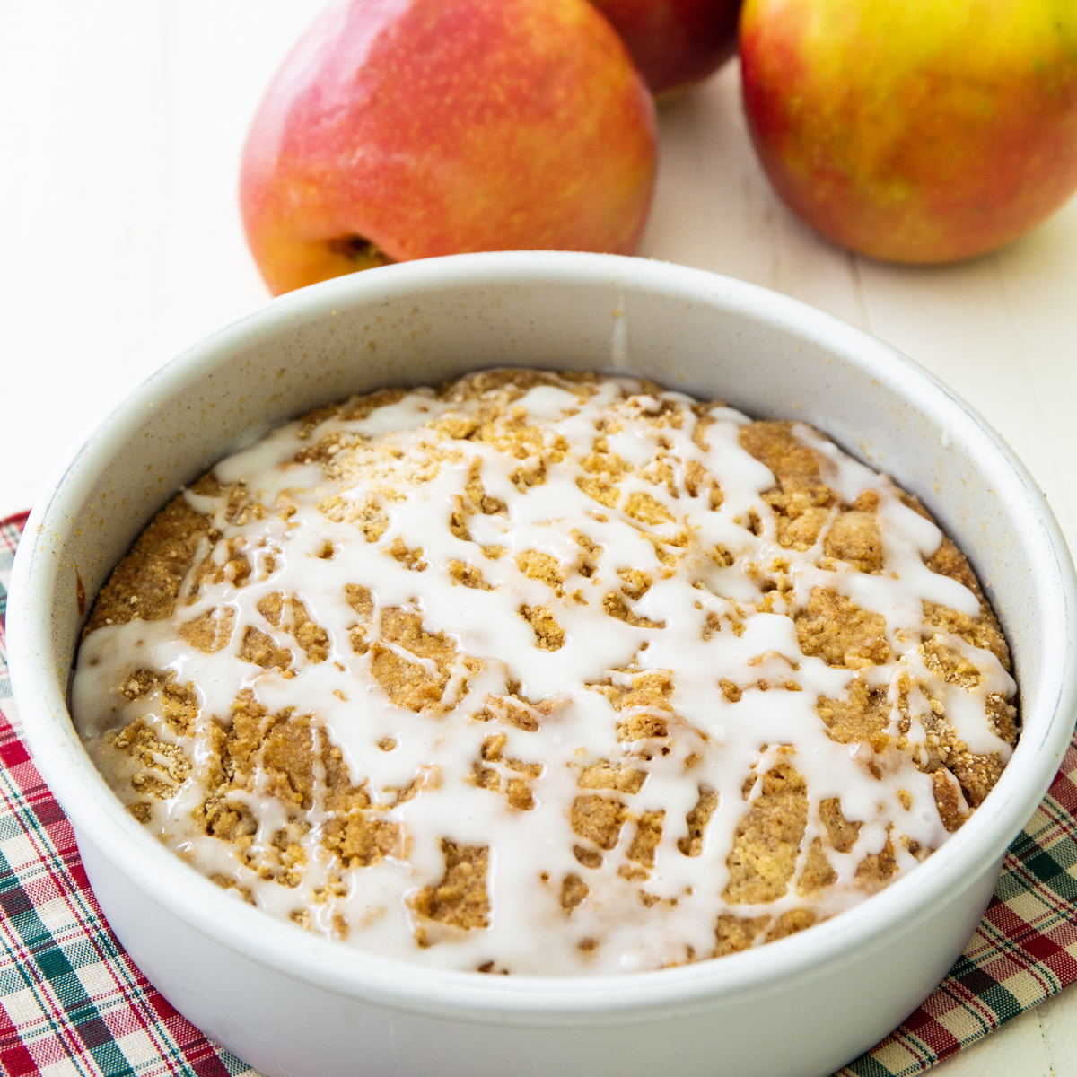 Air Fryer Apple Cinnamon Coffee Cake in a cake pan.