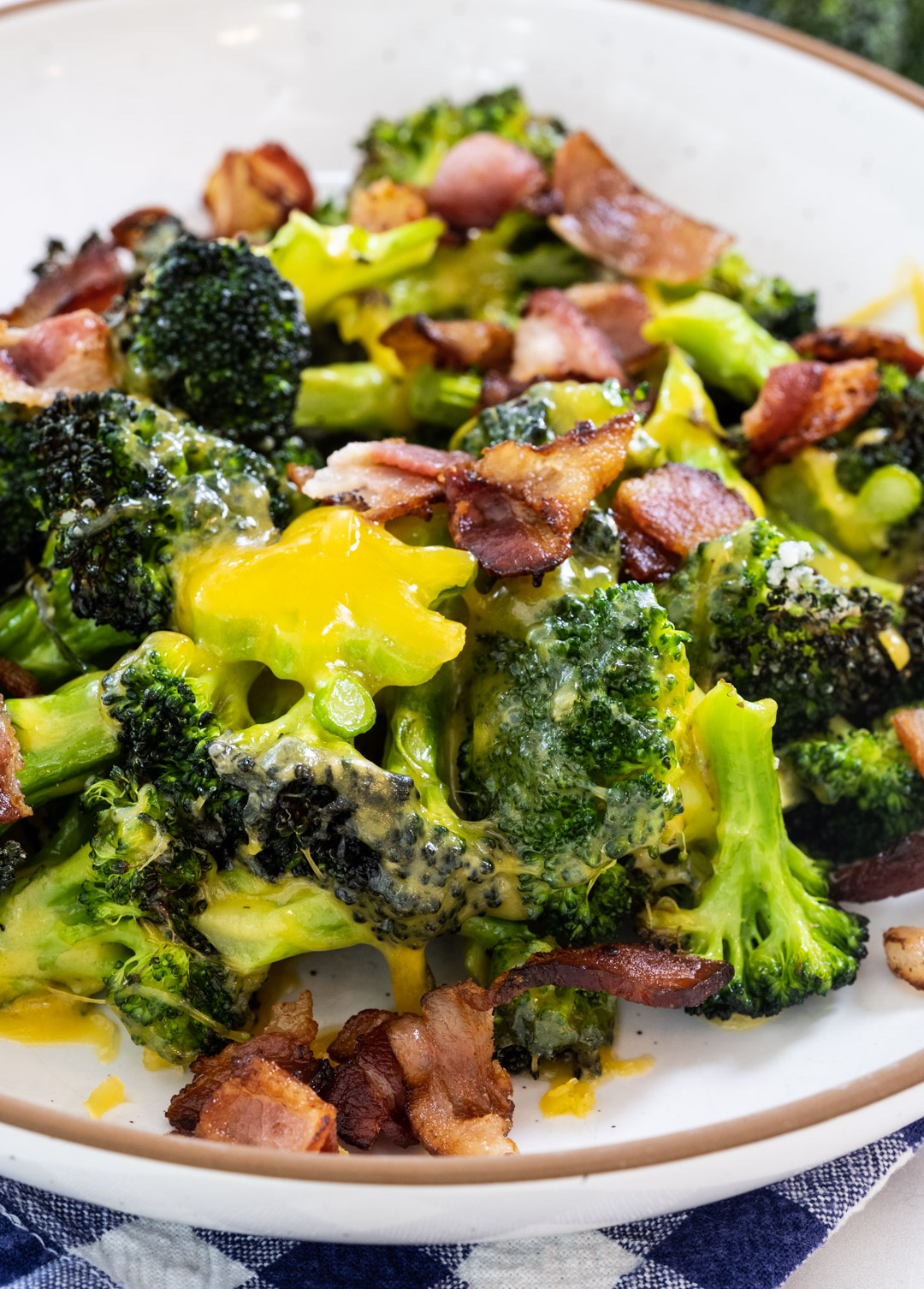Air Fryer Broccoli with Bacon in a bowl.