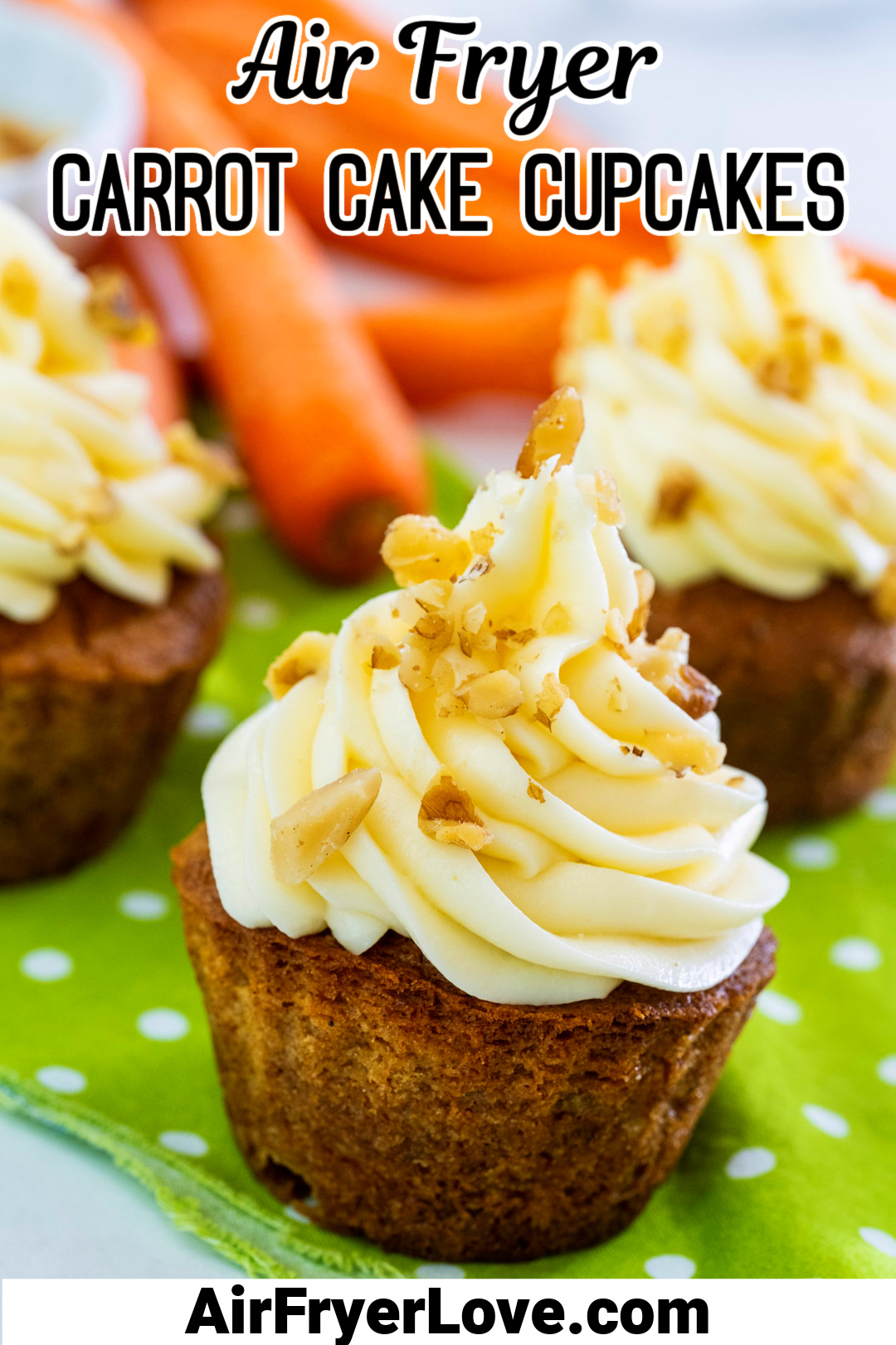 Close-up of Air Fryer Carrot Cake Cupcakes.