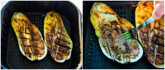 Mashing down on eggplant with a fork.