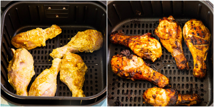 Chicken drumsticks in air fryer basket.