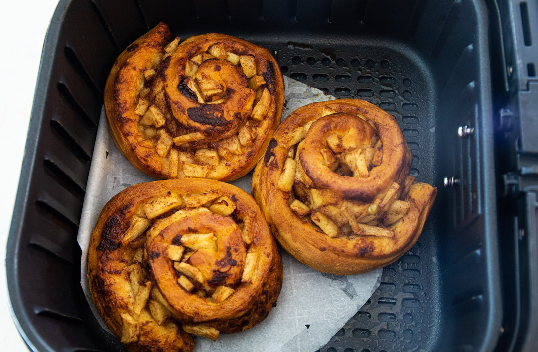 Cooked cinnamon rolls in air fryer.