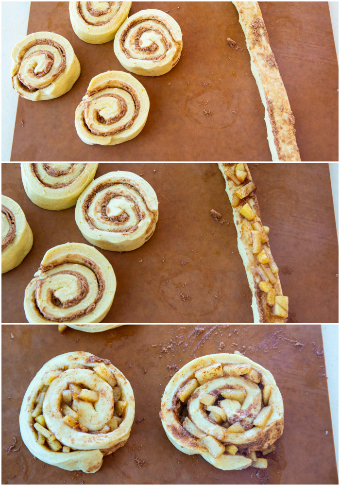 Filling the cinnamon rolls with apple filling.