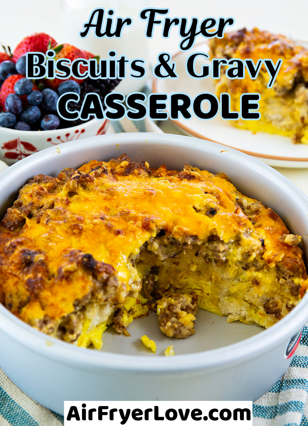 Air Fryer Biscuits and Gravy Casserole in pan.