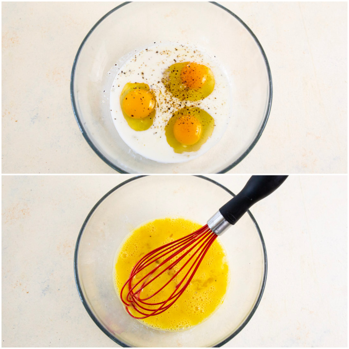 Whisking the eggs and milk.