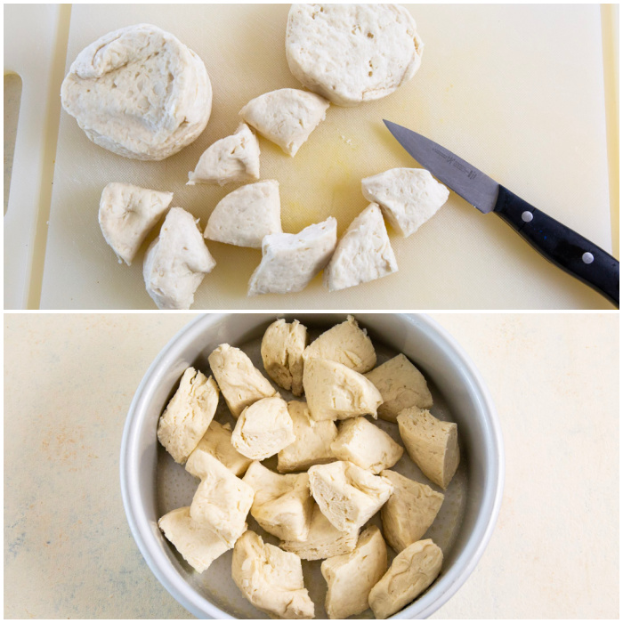 Preparing the biscuit pieces.