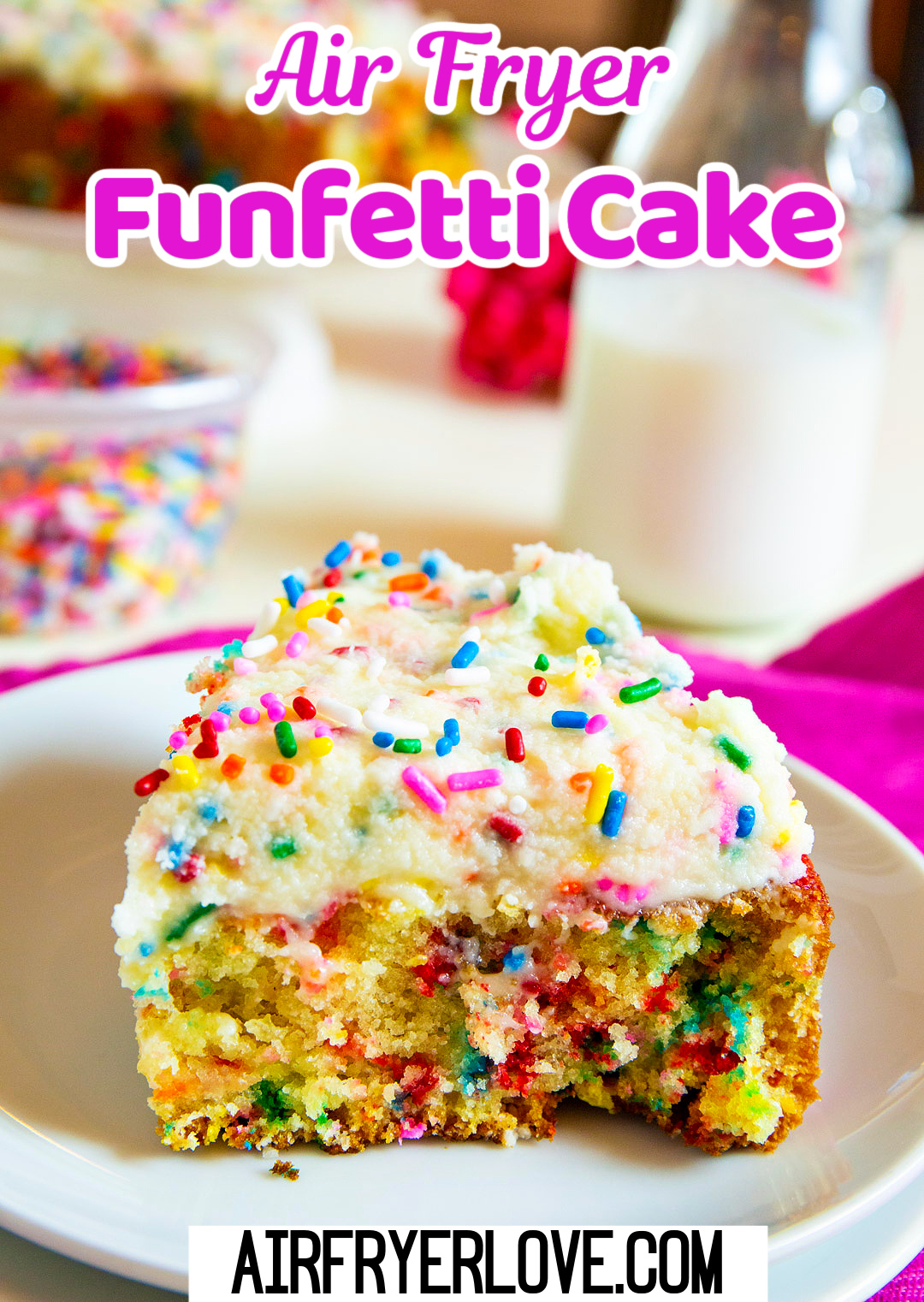 Slice of Air Fryer Funfetti Cake on a plate.