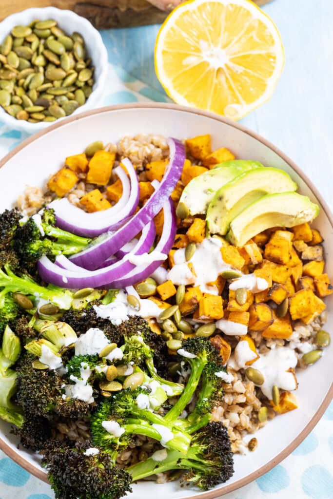 Air Fryer Sweet Potato and Broccoli Farro in a bowl.