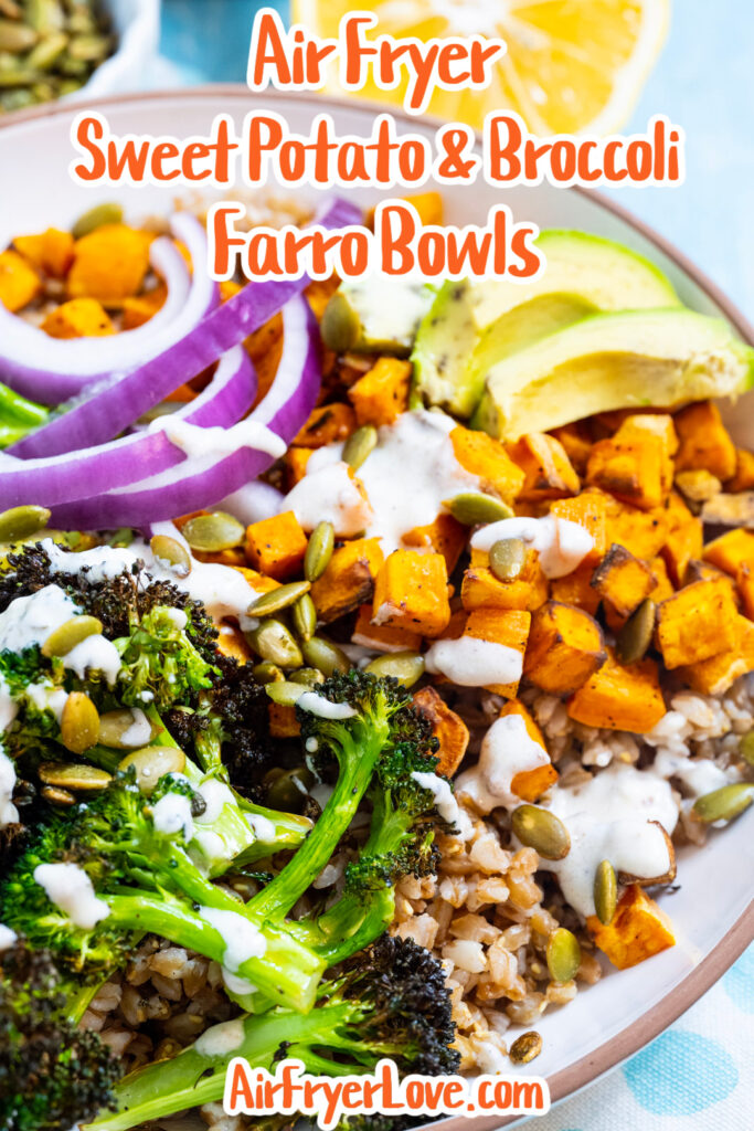 Close-up image of Air Fryer Sweet Potato and Broccoli Farro Bowls.
